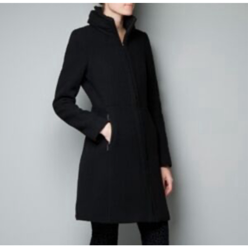 ZARA BASIC Pea Coat Size S-M Black High Collar Zipper Pockets Form Fitting